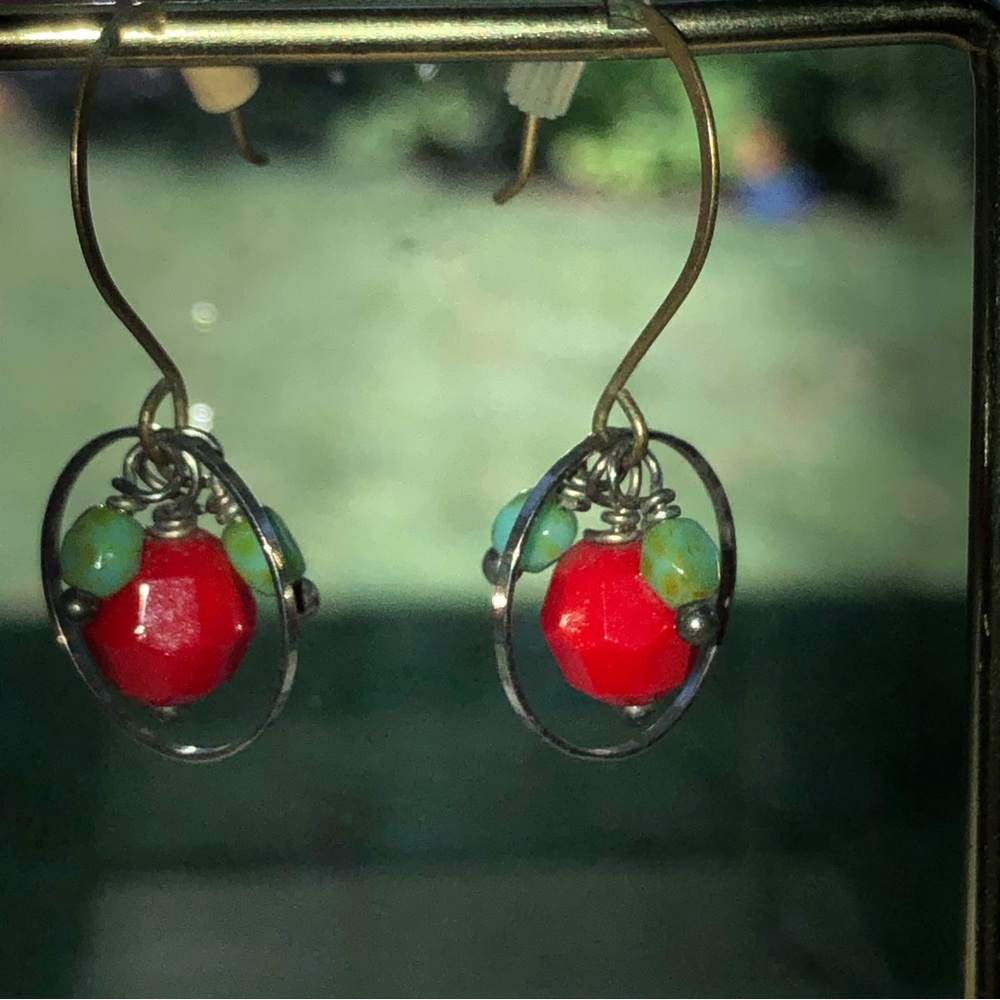 Handcrafted circle drop French hook earrings with Red & Green beads